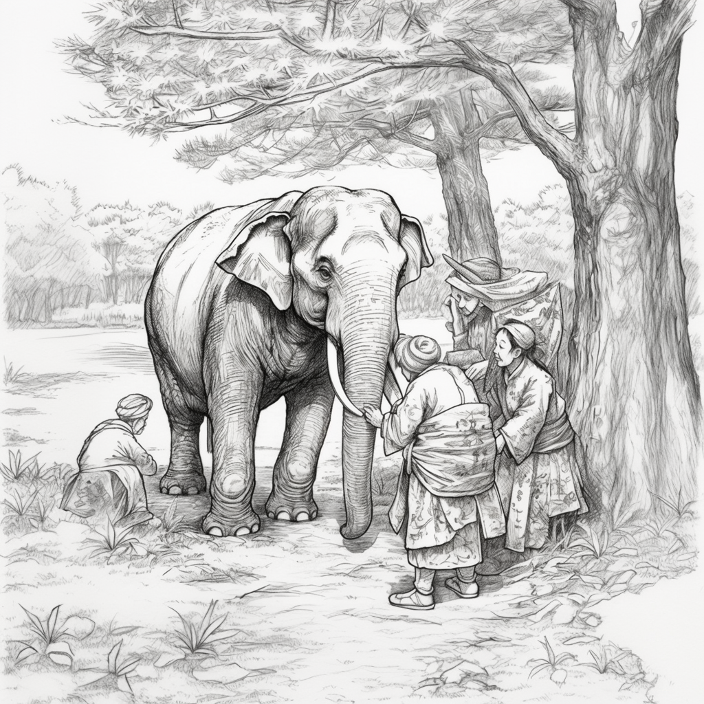 Illustration of the Jainist parable Anekāntavāda also known as Blind Men and an Elephant. Generated by Midjourney on August 17, 2023. Prompt: 'A simple pencil-drawn illustration of the the story Blind men and an elephant. The man touching the elephant's trunk is a research scientist. Ohara Donshu, Itcho Hanabusa, Japanese woodcut Edo style'